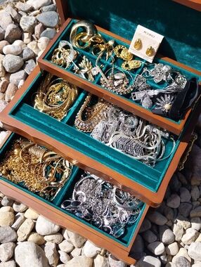 Mixed Gold & Silver Jewelry Lot in Wooden Velvet- Lined Box
